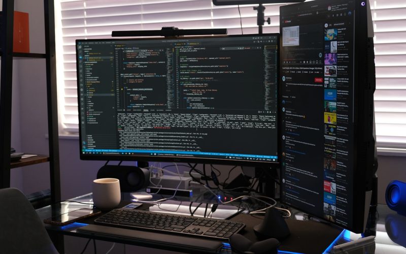 a computer monitor sitting on top of a desk